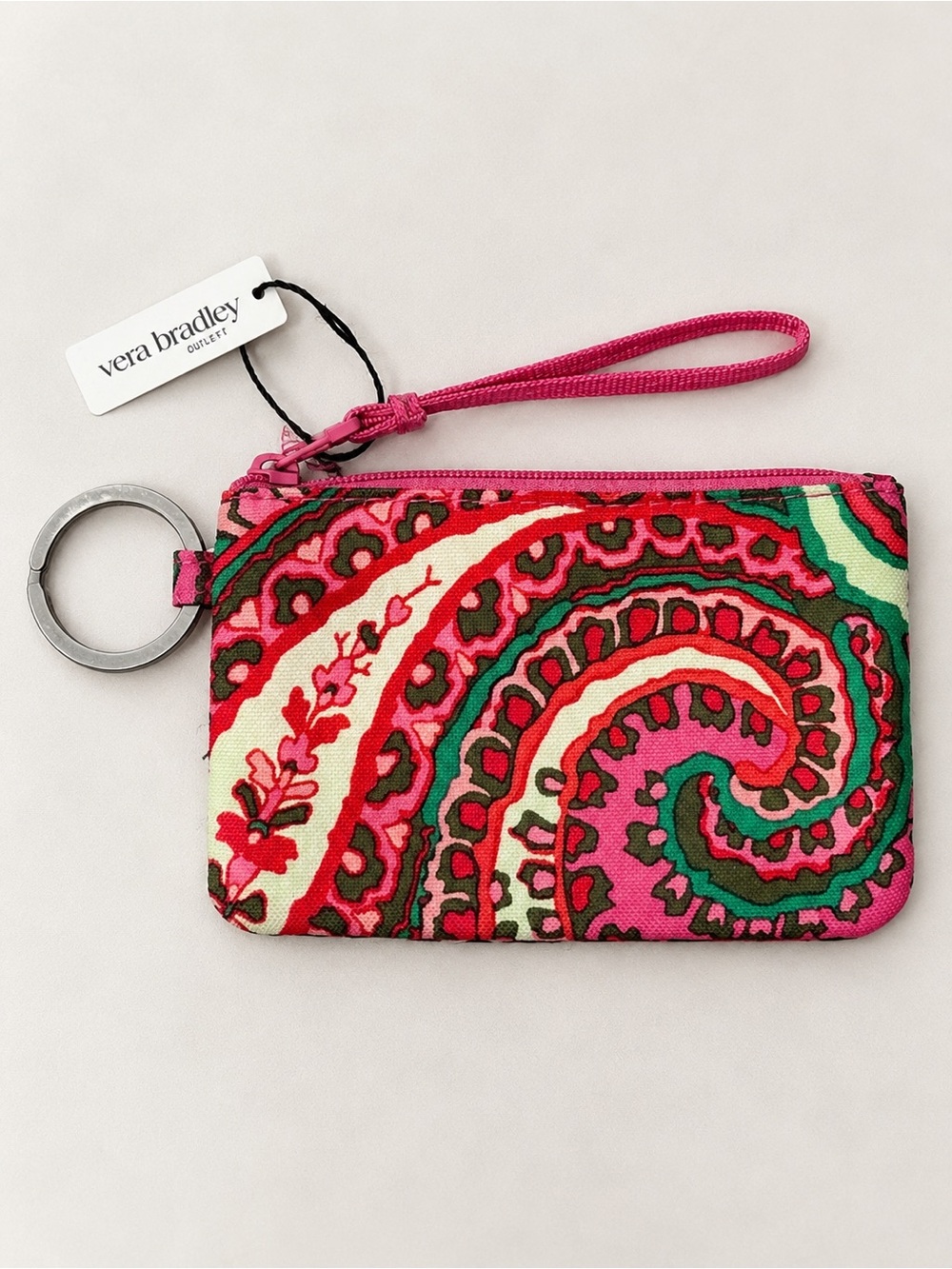 NEW Vera Bradley Zip ID Case Capri Pink Card Holder Key Ring Pink Yellow Green